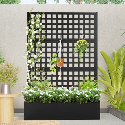 TOAOTBNBO Metal Raised Garden Bed with Square-Hole Trellis, Outdoor Planter Box for Climbing Plants, Galvanized Garden Box with Drainage Holes