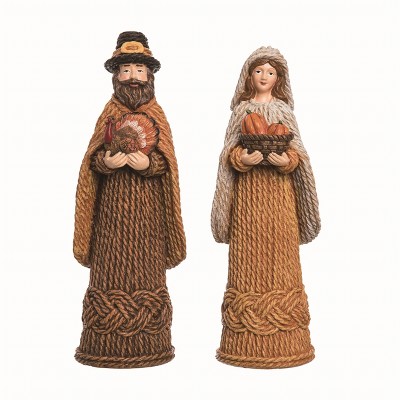 Transpac Resin Brown Harvest Pilgrim Couple Figurines Set of 2