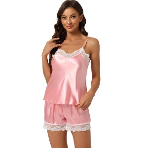Allegra K Women's Satin Solid Lace Trim Cami Tops with Shorts Lounge Sleepwear Pajama Set - 1 of 4
