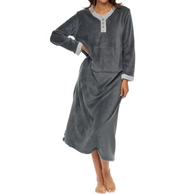 ADR Women's Plush Fleece Nightgown Woman, Long Cozy Kaftan with Pockets, Plaid & Solid Colors