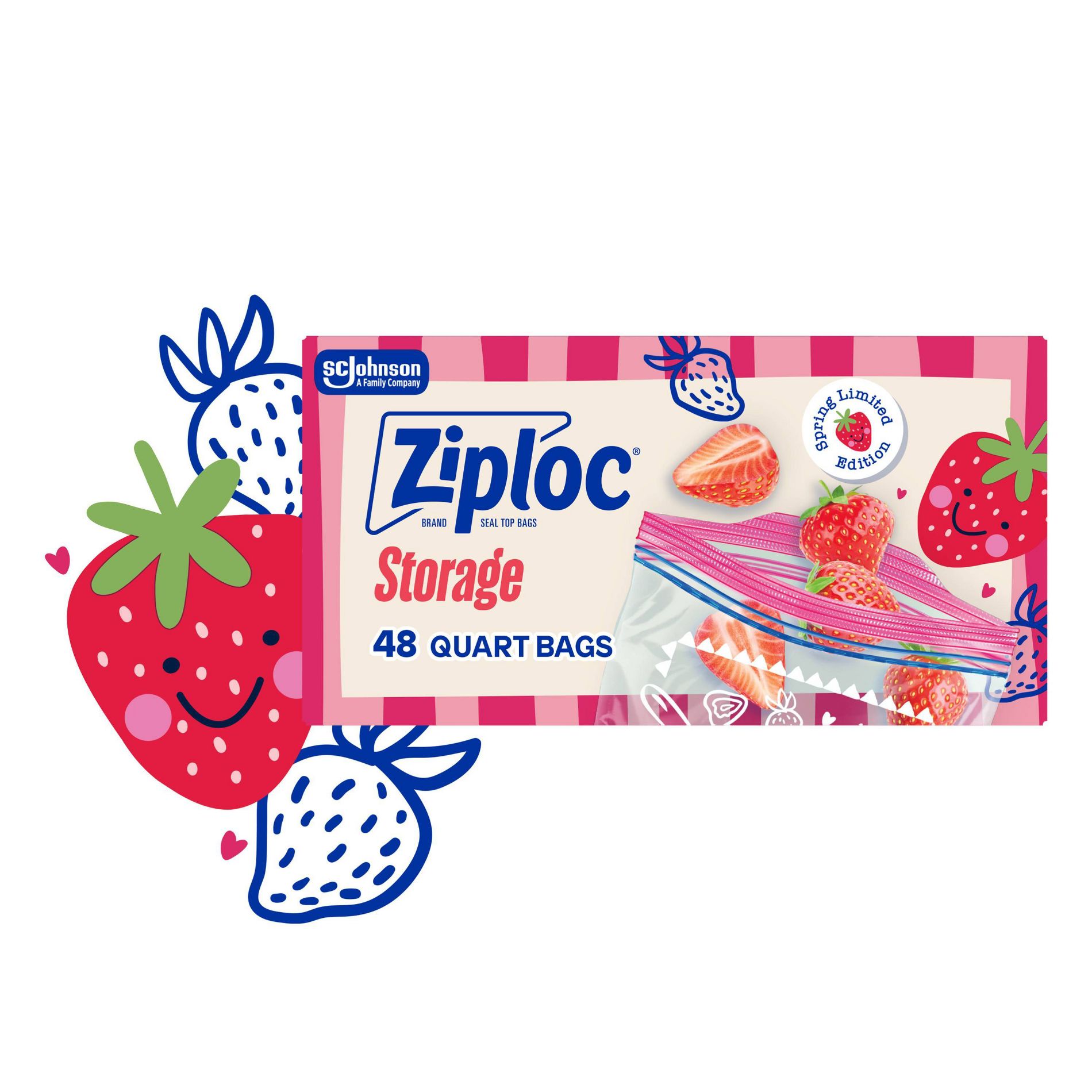 Ziploc Spring Berry Print Food Storage Quart Bags - 48ct: Seal Lock, Multipurpose, Snacks, Fruit and Vegetables