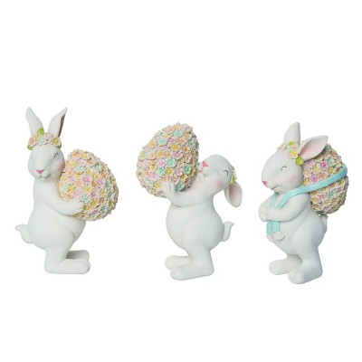 Transpac Resin Floral Easter Bunny & Egg Figurines Set of 3 Home Decorations Easter