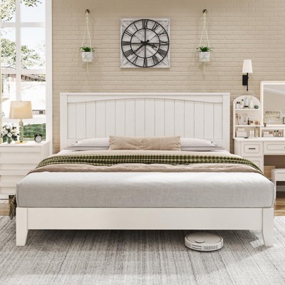 AMERLIFE King Size 48.4" Solid Wood Bed Frame, Mid-Century  Bed with Arched Lines Headboard, No Box Spring Needed, White