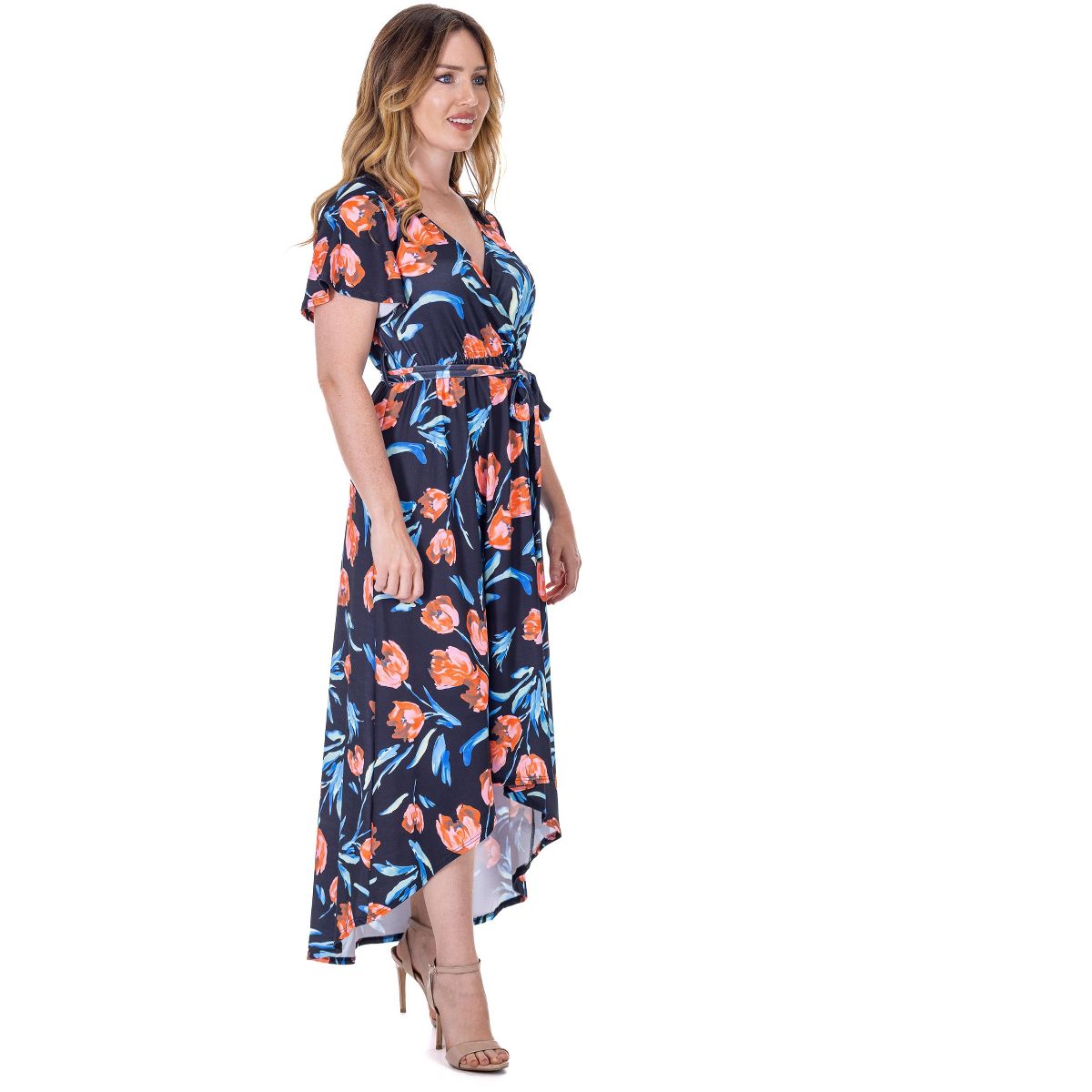 24seven Comfort Apparel Womens Black Floral V Neck Belted High Low Faux Wrap Dress - thumbnail 2