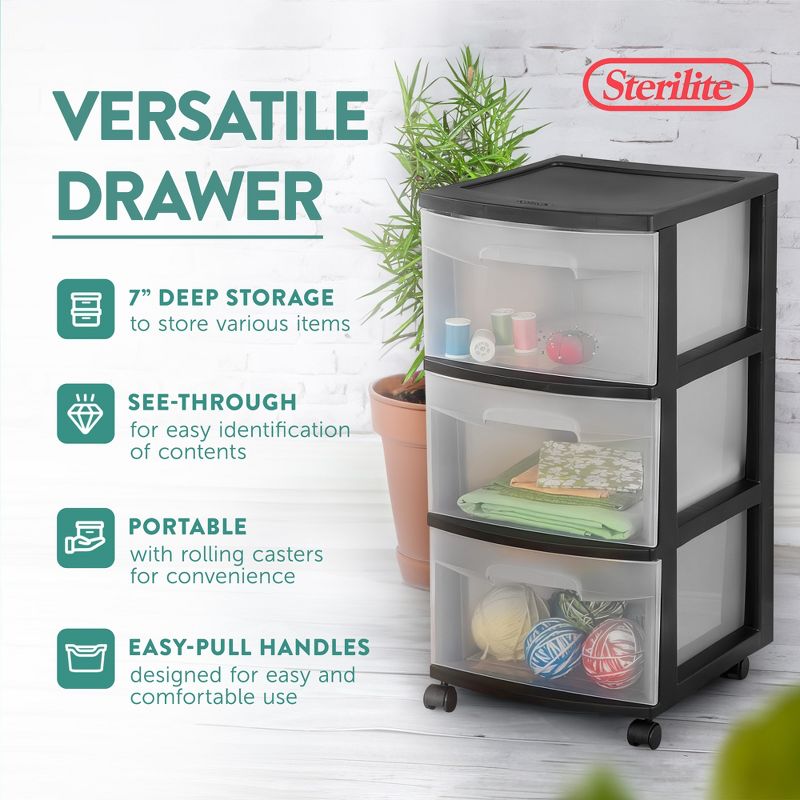 Sterilite 3-Drawer Plastic Rolling Storage Cart, Clear with Black Frame, 6 of 9
