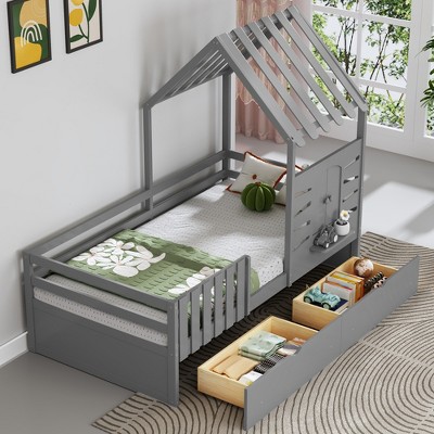 KIGFTSOD Twin Bed Frames for Kids,Twin Size House Bed With 2 Storage Drawers and Guardrails