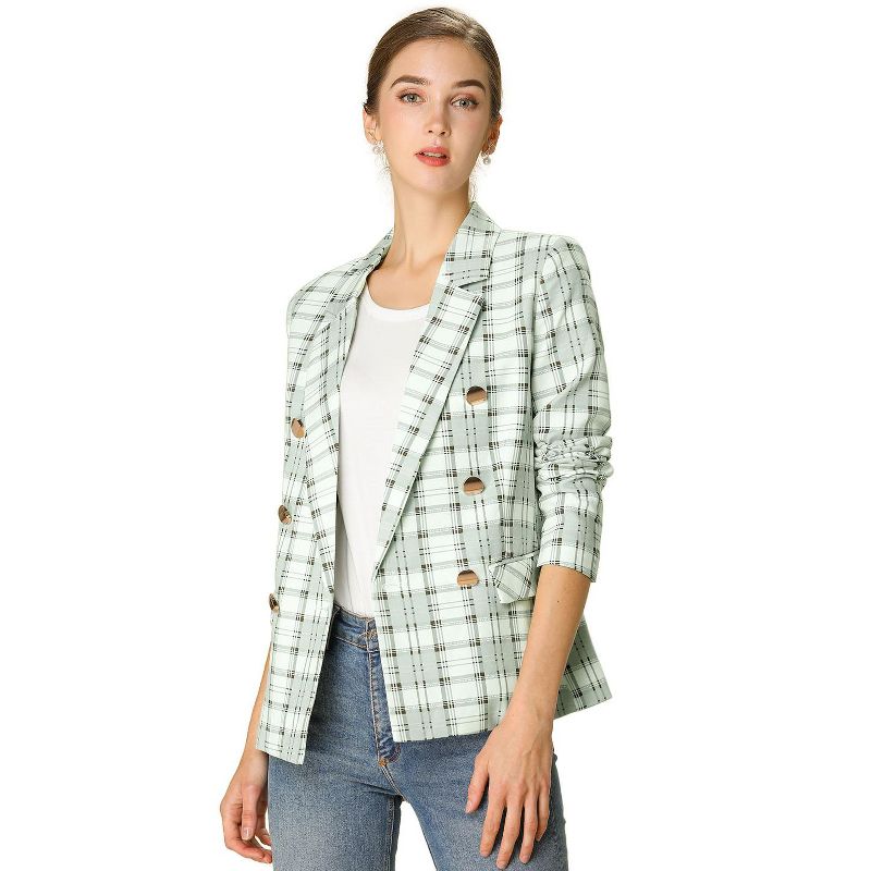 Allegra K Women's Notched Lapel Double Breasted Plaid Formal Blazer Jackets, 1 of 8
