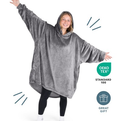 Adult Grey Microplush Hooded Wearable Blanket with Sleeves