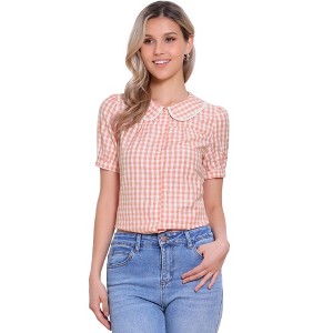 INSPIRE CHIC Women's Plaid Puff Short Sleeve Button Down Peter Pan Collar Shirt - 1 of 4