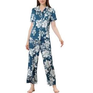 cheibear Women's Silky Short Sleeves Sleepshirt with Pants Sleepwear Pajama Set 2 Pcs - 1 of 4
