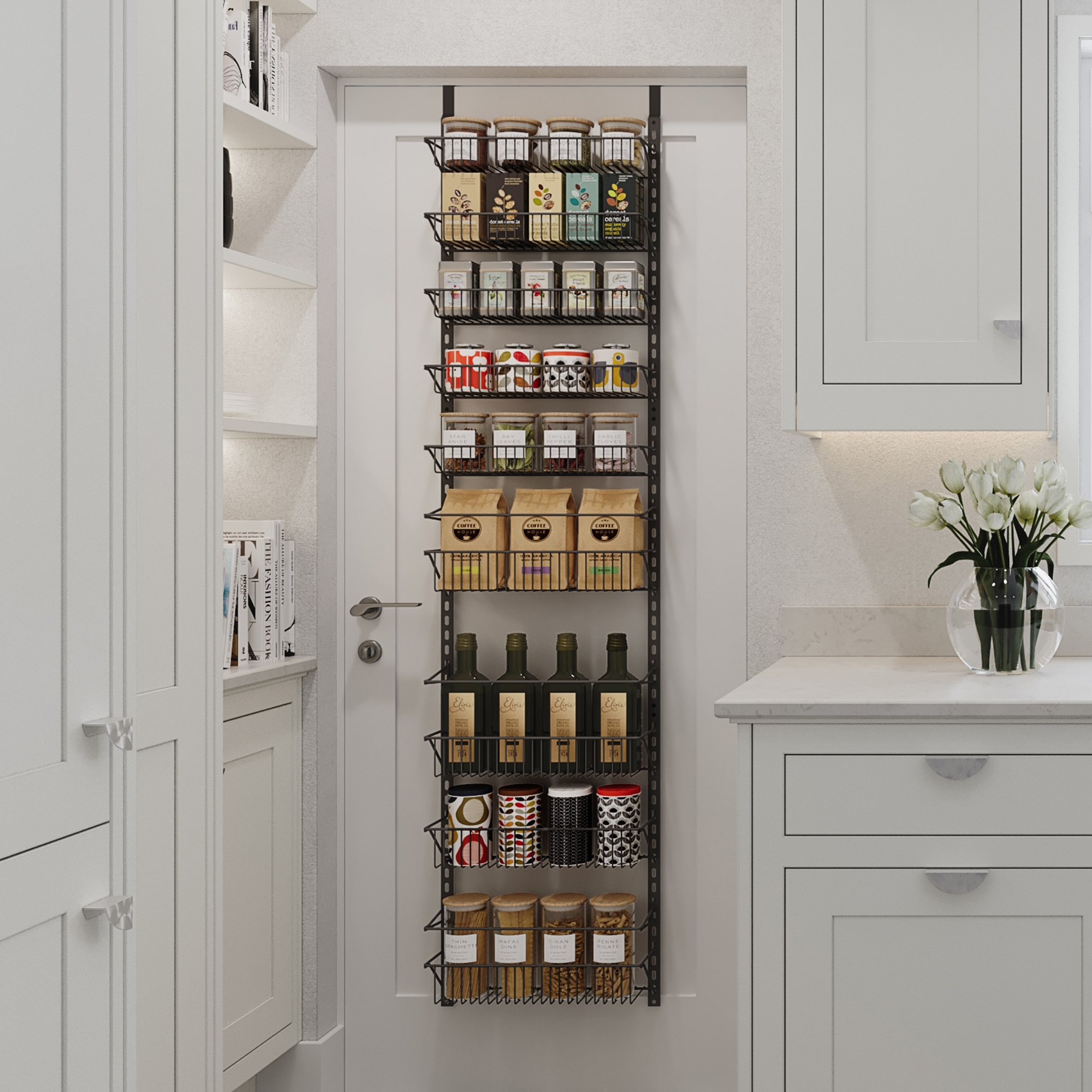 Over the Door Organizer - 9-Tier Hanging Wall Rack for Bathroom or Kitchen Organization - Pantry Organization and Storage by Home-Complete (Black)