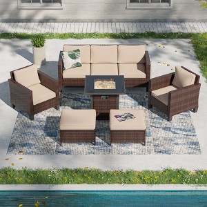 Sonkuki 6 Pieces Patio Sofa with Square Fire Pit Table and Ottomans, Wicker Conversation Couch,  Navy Blue Cushion - 1 of 4