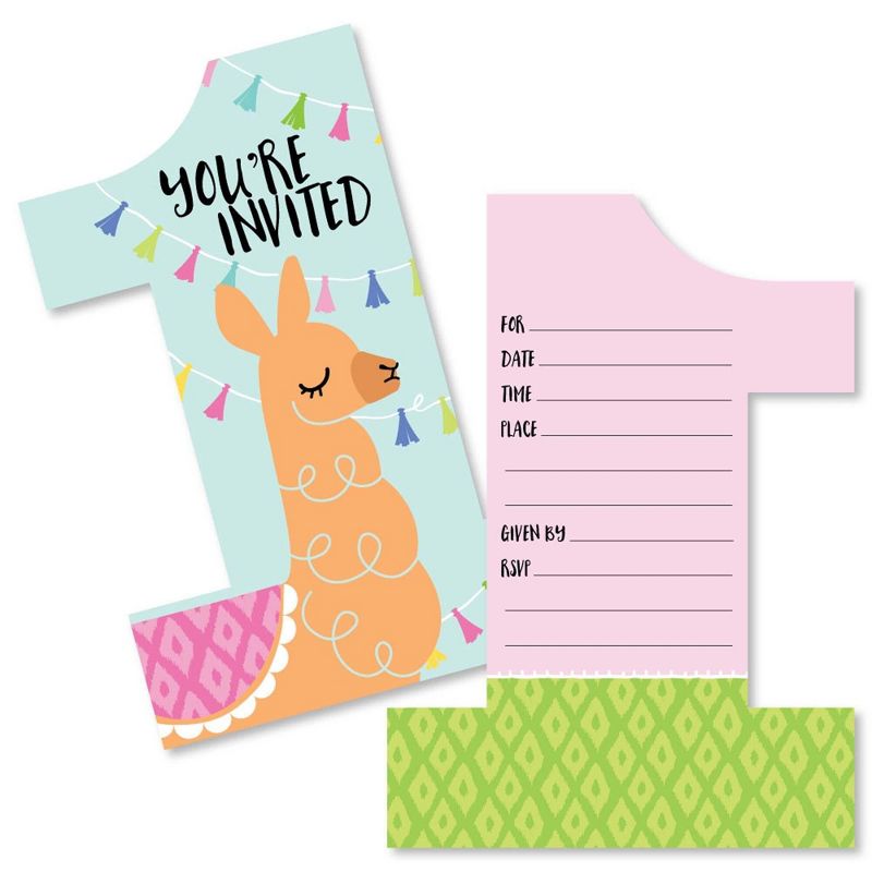 Big Dot of Happiness 1st Birthday Whole Llama Fun - Shaped Fill-in Invites - Llama First Birthday Party Invitation Cards with Envelopes - Set of 12, 1 of 7