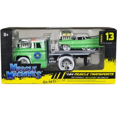 1966 Chevrolet C60 Flatbed Truck Green Met w/White &1961 Cadillac Coupe Green Met w/White 1/64 Diecast Models by Muscle Machines