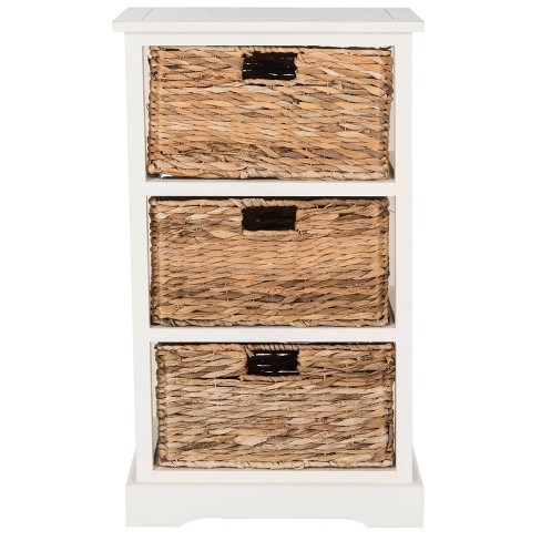 Halle Side Table With Wicker Baskets, White Side Table With Storage Basket