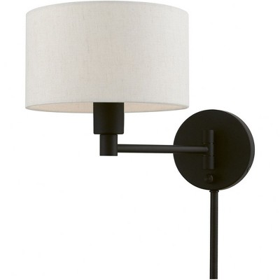 Transitional Black Swing Arm Wall Lamp with Oatmeal Fabric Shade