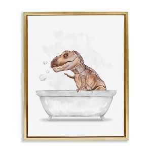 Stupell Industries T-Rex Dino in Bubble Bath Floating Frame Canvas Art, Gold, 25" x 31" - 1 of 4
