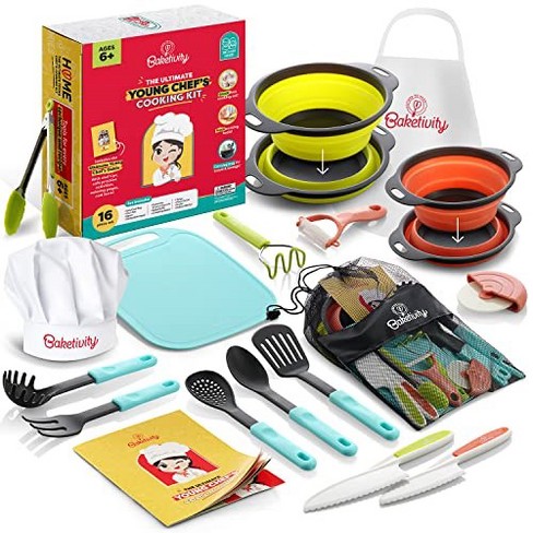 Baketivity Kids Cooking Set Real Utensils With Kitchen Tool Guide -  Complete Junior Cooking Set Gift With Mixing Bowls, Cutting Board, Knife,  Apron