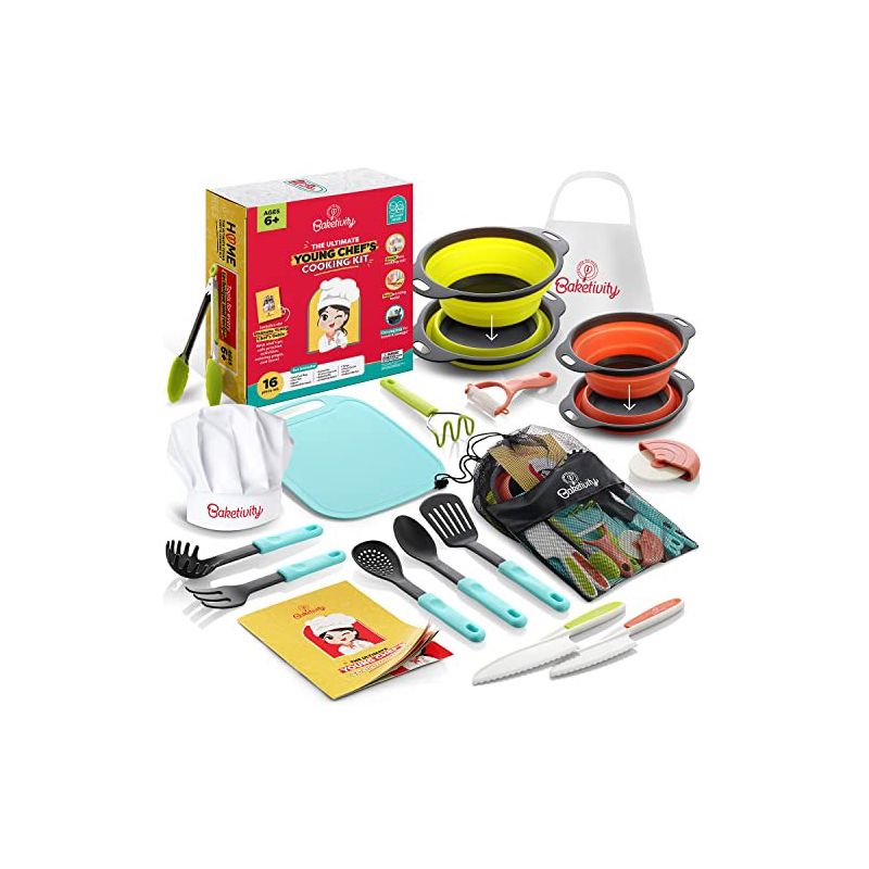 Baketivity Kids Cooking Set Real Utensils With Kitchen Tool Guide - Complete Junior Cooking Set Gift With Mixing Bowls, Cutting Board, Knife, Apron, 1 of 9