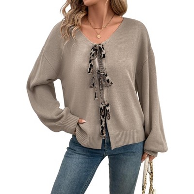 Women's Long Sleeve Knitted Sweater Cardigan Tie Front Fall Casual V Neck Loose Shirt Top Solid Color Blouse Gray M