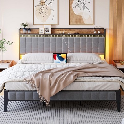Full Bed Frame with Charging Station, LED Bed Frame with Storage Headboard, Upholstered Platform Bed Frame Full Size