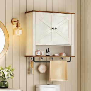Farmhouse Wall-Mounted Medicine Cabinet with 2 Barn Doors, Adjustable Shelf, Towel Bar & Hooks, 7.9" x 23.6" x 28.7", Rustic White - 1 of 4