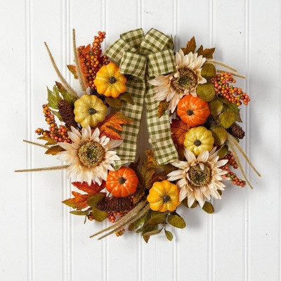 24" Green and Orange Fall Sunflower Pumpkin Artificial Wreath
