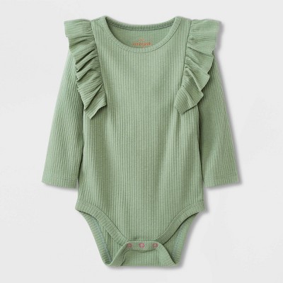 Image of Baby Girls' Ruffle Rib Long Sleeve Bodysuit - Cat & Jack™ Sage Green 0-3M