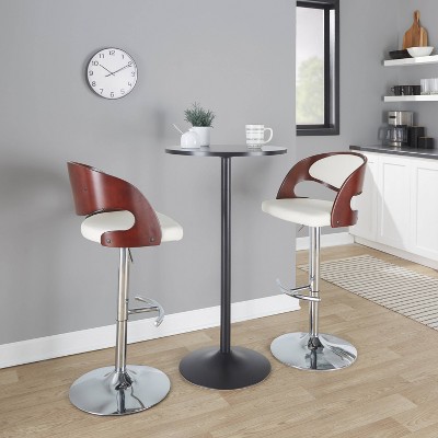 Set of 2 White Faux Leather and Cherry Wood Adjustable Swivel Barstools