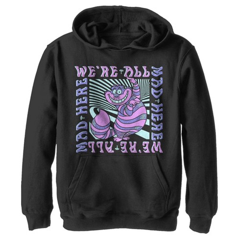 Boy s Alice In Wonderland Cheshire Cat We re All Mad Here Colorful Pull Over Hoodie Black X Large Target