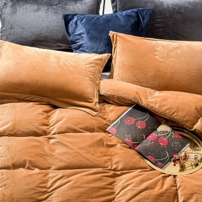 Acoinel Velvet Duvet Cover Set, Luxuriously Soft Zippered Flannel Comforter Cover in Camel, Solid Color Bedding — фото 4