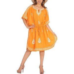 HAPPY BAY Women's Mini Boho Short Caftan Dress 2X-3X Tangerine Paisley - 1 of 4