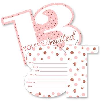 Big Dot of Happiness 13th Pink Rose Gold Birthday - Shaped Fill-In Invitations - Happy Birthday Party Invitation Cards with Envelopes - Set of 12