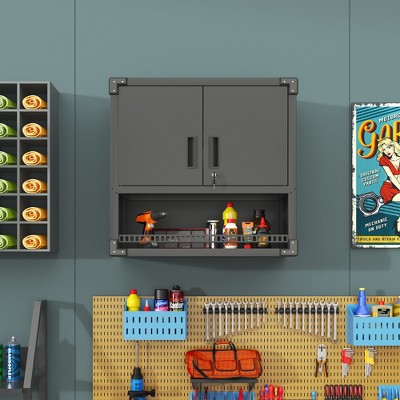 30.31"Metal Wall-Mounted Tool Storage Cabinet with Locking Door and 1 Shelf 1 Opened Drawer for Garage Warehouse,Office,Black
