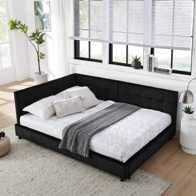 Full Size Upholstered Bed Frame, Velvet Tufted Platform Bed with Armrests and Backrest, No Box Spring Needed - Baofuwish