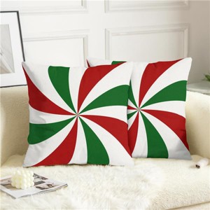 Xmas Candy Throw Pillow Covers 18x18 Set of 2 Red Green White Swirl Stripe Christmas Decorative - 1 of 3
