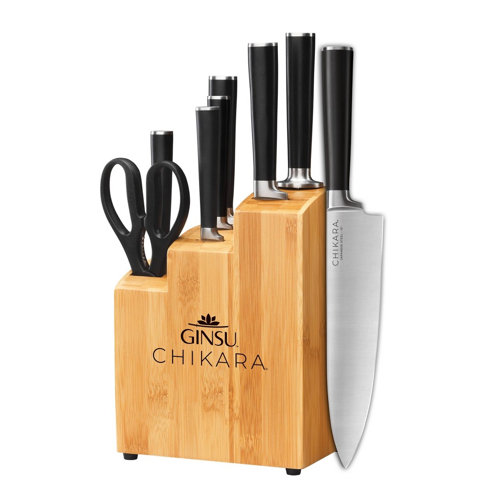 Photos - Bakeware GINSU Bamboo Chikara 8pc Bamboo Block Set: Stainless Steel Knife Set, Comfort-Grip Handle, Rust-Resistant, Hand Wash