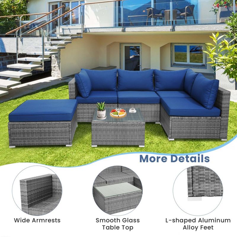 Costway 6PCS Patio Wicker Furniture Set Cushioned Sectional Sofa Coffee Table Navy Deck, 4 of 10