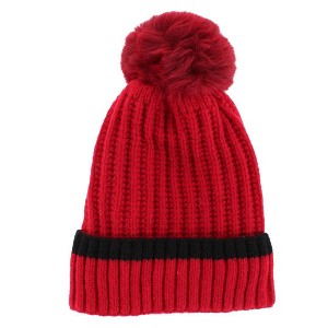 CTM Women's Ribbed Knit Stripe Winter Beanie Hat with Pom - 1 of 2