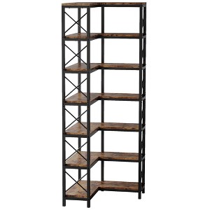 Resenkos Bookshelf, Bookcase Standing Shelf Unts,7-Tier Corner Bookshelf Corner Bookcase Storage Display Rack,Rustic Brown - 1 of 4