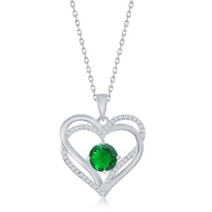 Bella Silver Sterling Silver Double Heart "May" Birthstone CZ 18" Pendant Necklace  - Emerald CZ - Green - 1 of 2