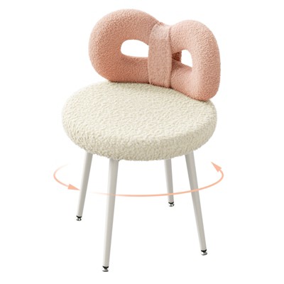 Vanity Chair with Back, Makeup Chair, Swivel Design,No Wheels,Small Upholstered Vanity Chair for Girls with Cute Bow Backrestst for Bedroom