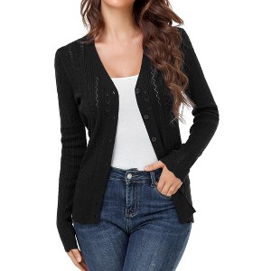 Womens Knit Cardigan V Neck Front Button Lightweight Sweater Cable Knit Hollow Out Cardigan Slim Fit Knitwear Crochet Sweater - 1 of 4