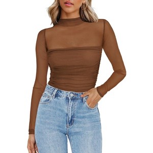 Coolmee Womens Mesh Sheer Long Sleeve Top Sexy Casual Mock Turtle Neck See Though Shirts Ruched Going Out Blouses - 1 of 4