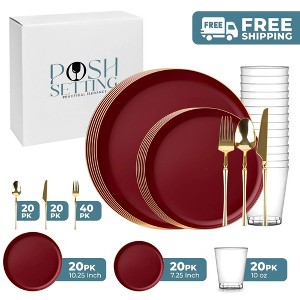 Posh Setting 140 Piece Cranberry And Gold High End Plastic Party Bundle - Edge (20 Settings) - 1 of 4