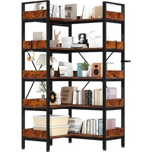 5-Tier Reversible L-Shaped Corner Bookshelf – Industrial Wood & Metal Frame with Adjustable Feet (Rustic Brown) - 1 of 4