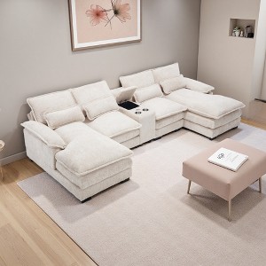 123" Chenille U-Shaped Sectional Sofa with Console, USB & Cup Holders, 6-Seater - 1 of 4