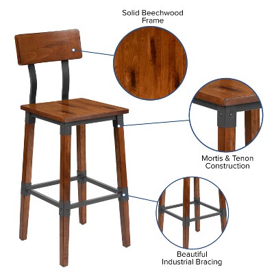 Walnut Brown Industrial Chic 40" Bar Height Dining Stools with Steel Footrest - Set of 4