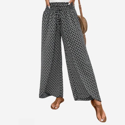 Amaryllis Women’s Smocked Waist Split Front Wide Leg Pants Abstract Geo Print Breezy Pull-On Pants