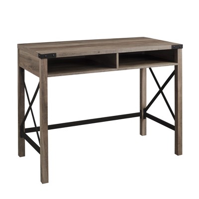 Engineered Wood and Metal Metal-X Modern Farmhouse Desk with Open Cubbies and Cord Management Ports and Decorative Corner Brackets